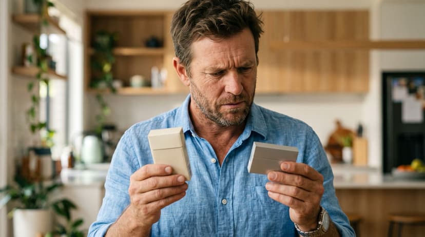 A man looking inquisitively at a heated tobacco stick box in one hand while holding an unbranded cigarette pack in the other, weighing the differences between smoking methods.