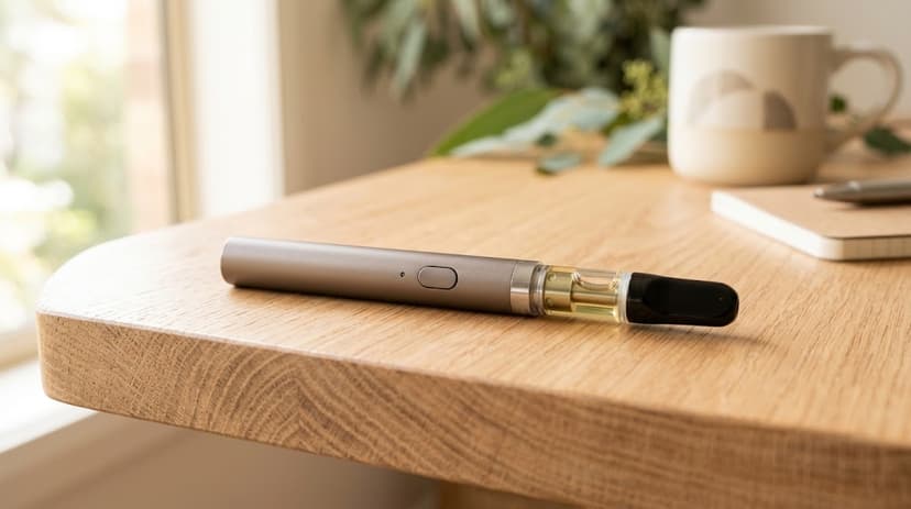 A sleek, unbranded metallic vape pen with a clear cartridge filled with golden extract resting on the edge of a light oak desk, with a ceramic mug and notebook softly blurred in the sunlit background.