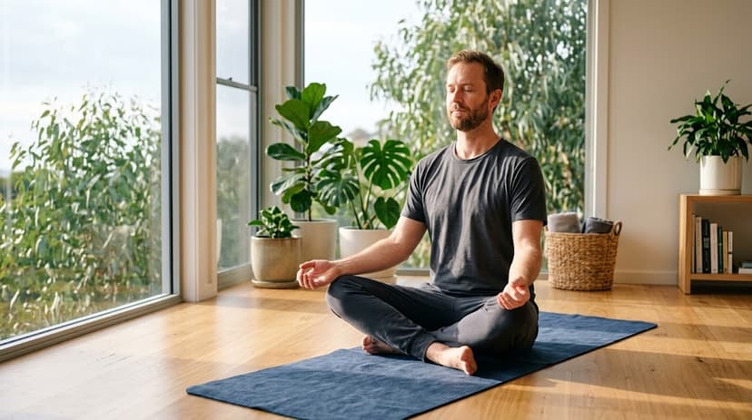 A bearded man sitting cross-legged in a mindful meditation pose on a blue yoga mat on a timber floor, with his eyes closed, bathed in morning sunlight streaming through large windows overlooking lush greenery.